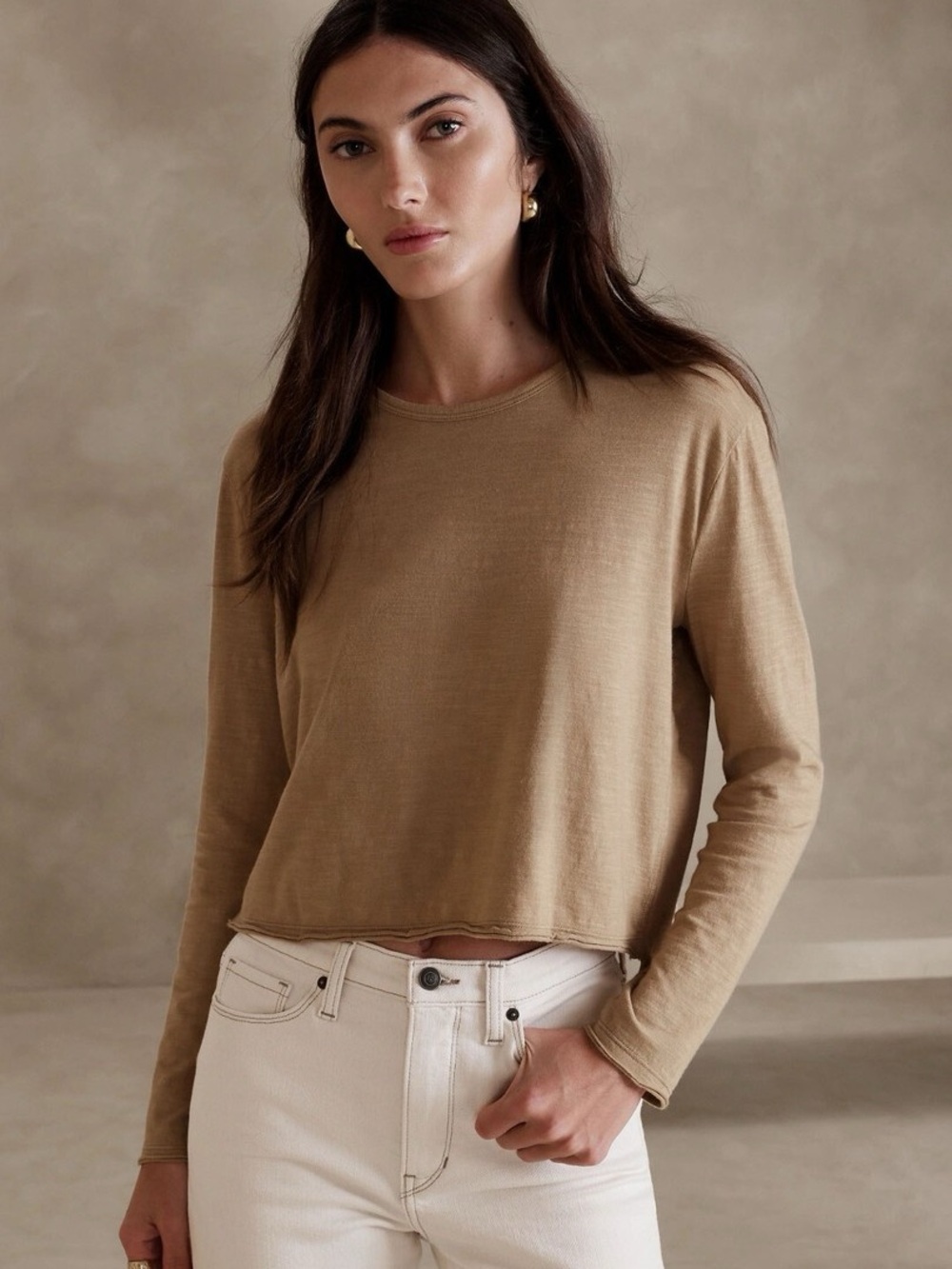 Banana Republic Cozy Slub Cropped Long Sleeve Tee Brown Tan Small